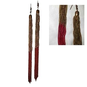 7" LONG Chain Earrings Maroon Purple & Gold Tone Small Link Chains Pierced Wire